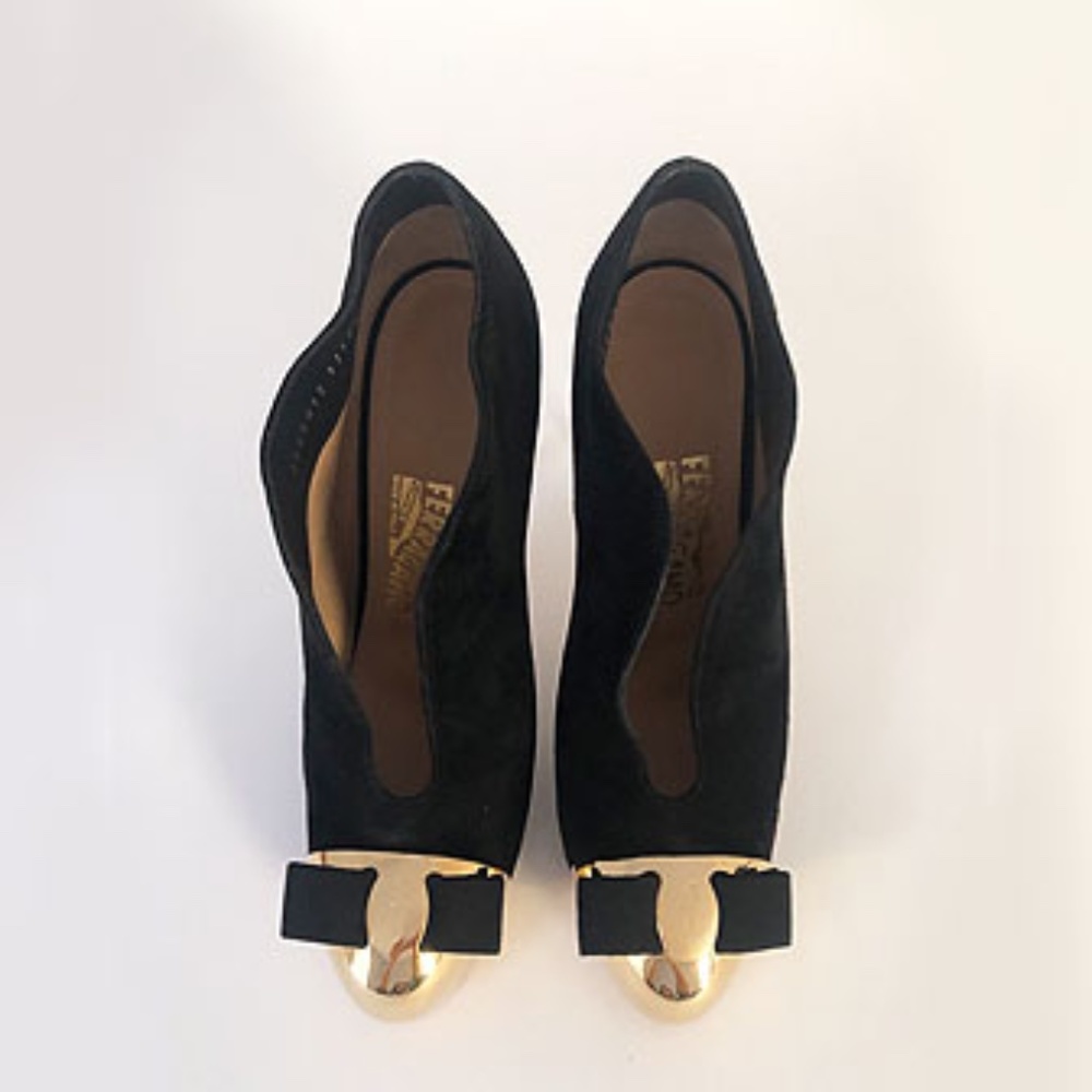 Salvatore Ferragamo Noyal Meta bow Platform Suede Shoes - Picture 7 of 9
